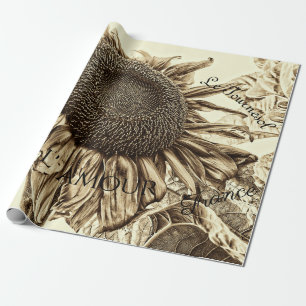 Papel De Regalo Vintage Sunflower Sepia Tone a la antigua escritur