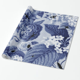 Papel De Regalo Vintage Toile floral botánico de los azules añiles