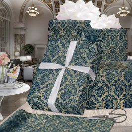 Papel De Regalo Vintage Verde azulado Blue Green Gold Floral Damas