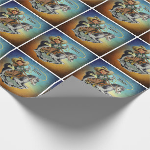 Papel De Regalo Vintage Western Cowboy Kid On Horse with Rope