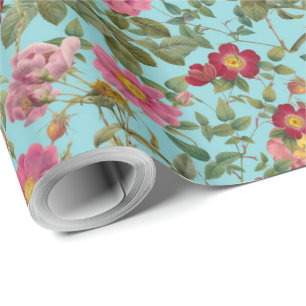 Papel de regalo Vintage Wild Rose en azul piscina