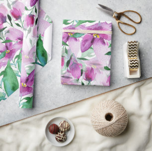 Papel De Regalo Violeta Púrpura Acuarela Floral Pintada a Mano