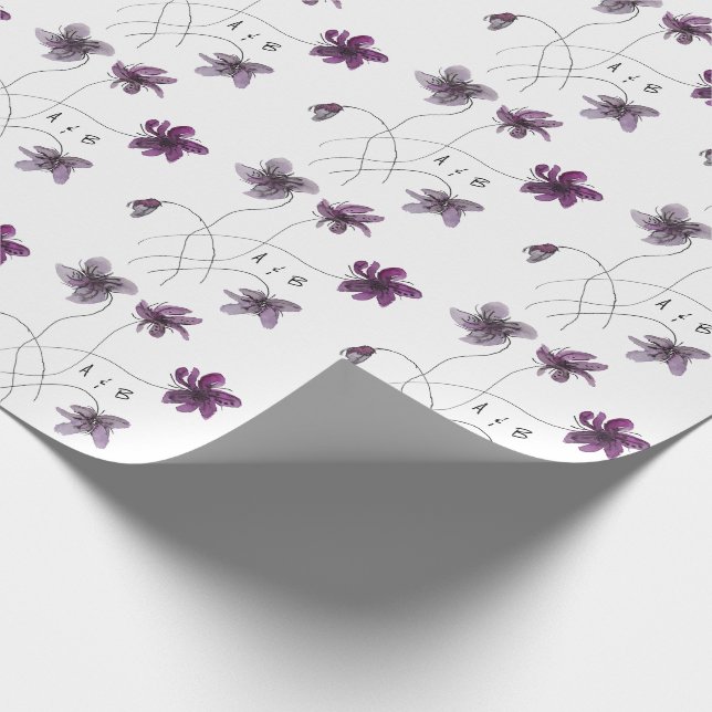 Papel De Regalo Violetas salvajes acuarela pintada a mano monogram (Esquina)