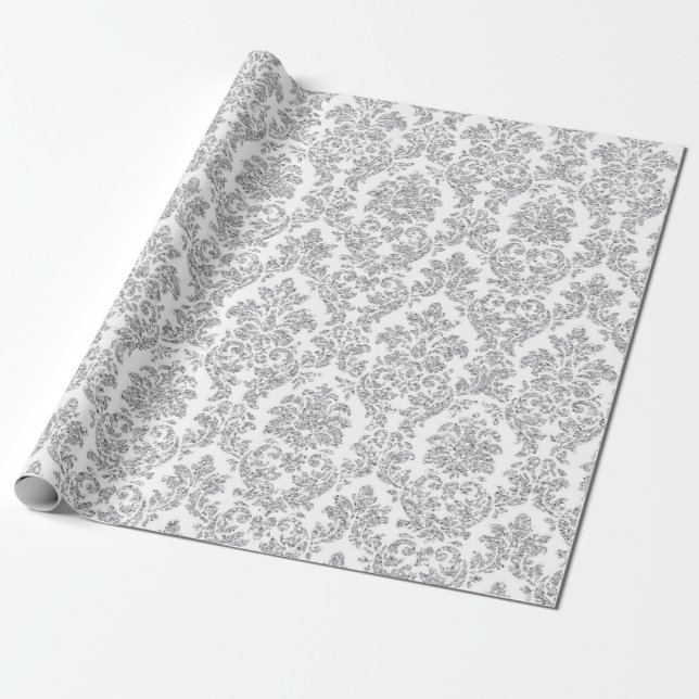 Papel De Regalo Vip de gris blanco de Damasco floral real plateado (Desenrollado)