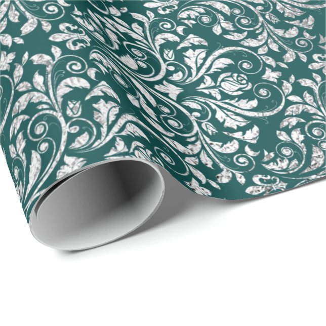 Papel De Regalo Vip plateado Verde azulado de Damasco de Ornamé Re (Esquina del rollo)