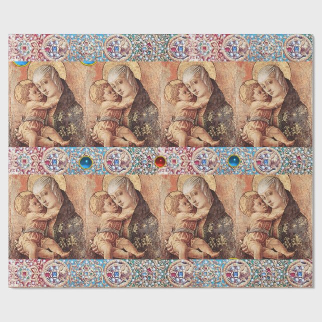 PAPEL DE REGALO VIRGEN CON NIÑOS, GEMSTONES AZULES ROJOS, PERLAS B (Superficie plana)