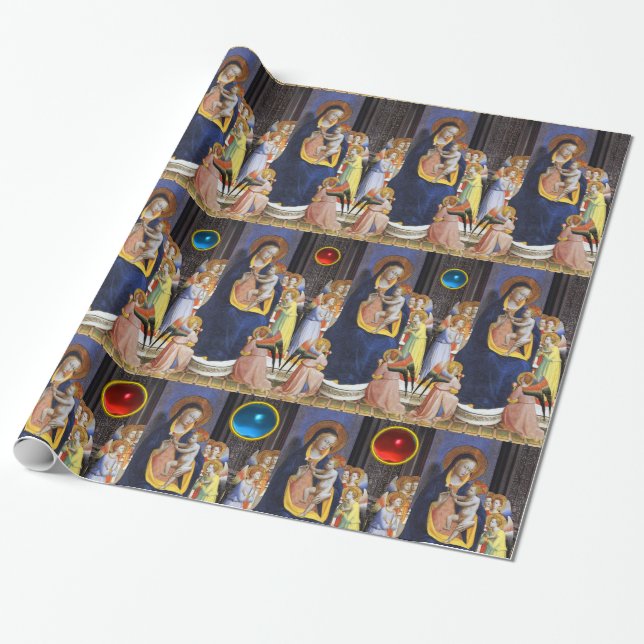 PAPEL DE REGALO VIRGEN CON NIÑOS, SANTOS, ÁNGELES, GEMAS AZULES RO (Desenrollado)