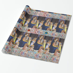 PAPEL DE REGALO VIRGEN CON NIÑOS Y SANTOS, GEMSTONES AZULES ROJOS