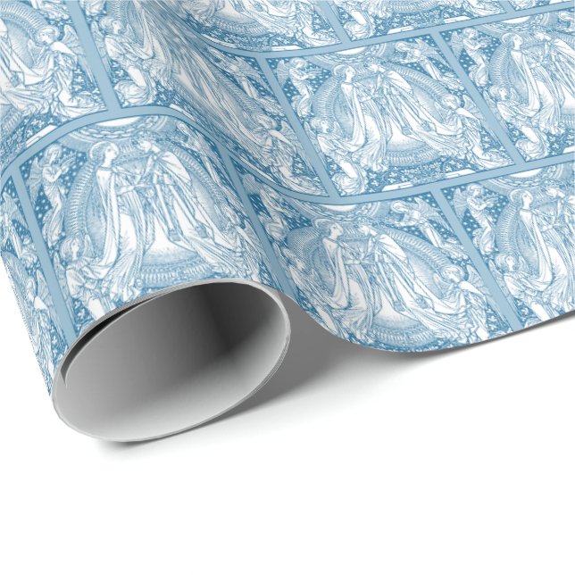 Papel De Regalo Virgen María y Jesús Azul y Blanco Elegante (Esquina del rollo)