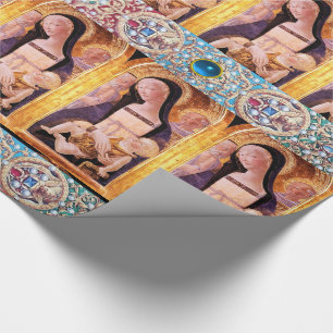 PAPEL DE REGALO VIRGEN Y NIÑO, ÁNGELES CON GEMSTONES AZULES ROJOS