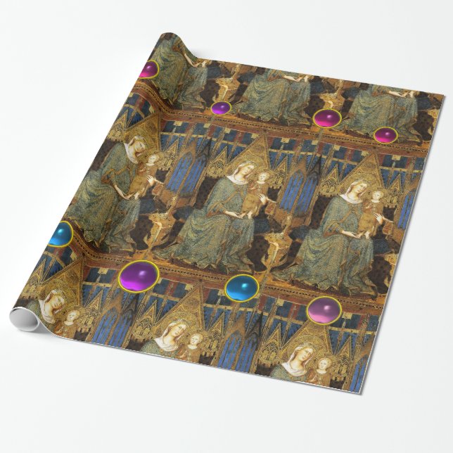 PAPEL DE REGALO VIRGEN Y NIÑO CON GEMSTONES AZULES, RODADOS Y PURP (Desenrollado)