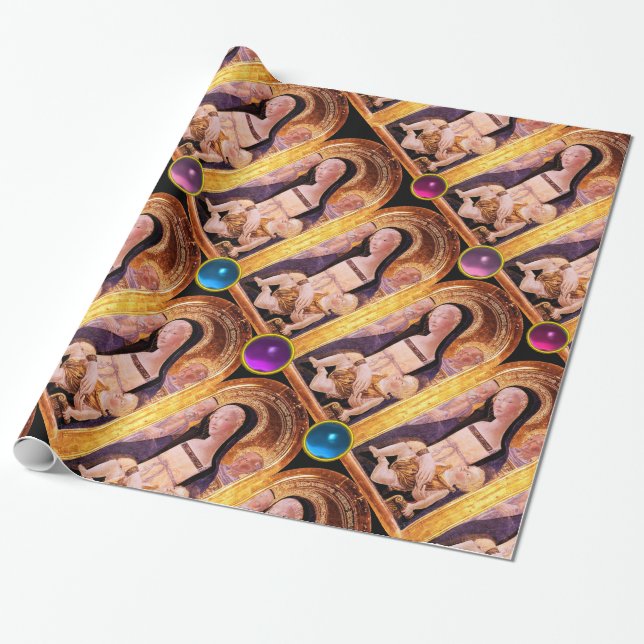 PAPEL DE REGALO VIRGEN Y NIÑO CON GEMSTONES AZULES, RODADOS Y PURP (Desenrollado)