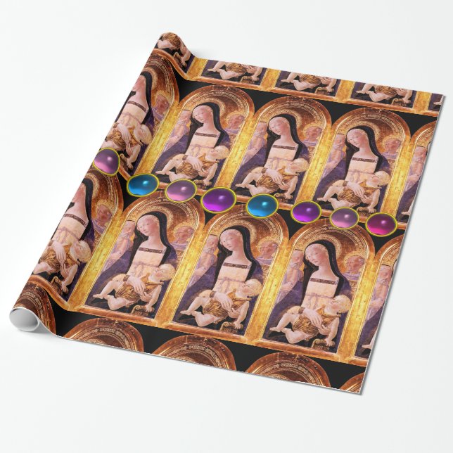 PAPEL DE REGALO VIRGEN Y NIÑO CON LAS PIEDRAS PRECIOSAS AZULES, (Desenrollado)