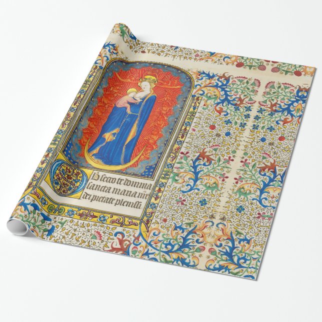 Papel De Regalo VIRGINA CON NIÑOS Y ANGELES Antiguos Bañones Flora (Desenrollado)
