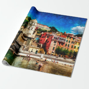 Papel De Regalo Vista de Vernazza, Italia. Cono de pintura acuarel