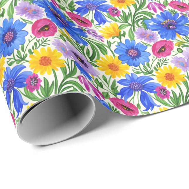 Papel De Regalo Vivid Blue Yellow Red Purple Flowers Pattern (Esquina del rollo)
