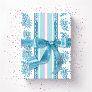 Papel De Regalo Volante Fronda Raya en Rosa y Aqua