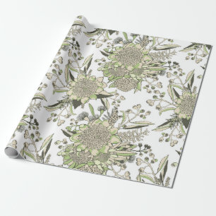 Papel De Regalo Waratah & Gumnut Eucalyptus - Verde Y Blanco
