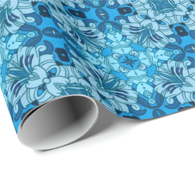 Papel De Regalo Watercolor Abstract Floral Denim Blue (Esquina del rollo)