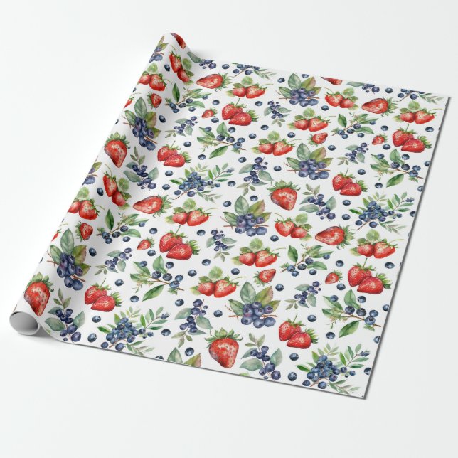Papel De Regalo Watercolor Berries Strawberry Blueberry (Desenrollado)