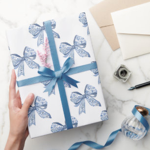 Papel De Regalo Watercolor Blue Chinoiserie Bows