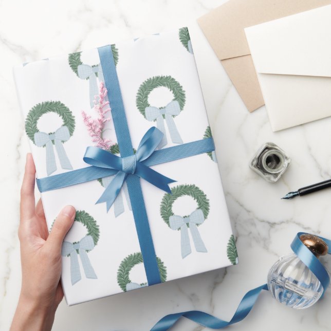 Papel De Regalo Watercolor Blue Gingham Sash Wreath (Regalar)