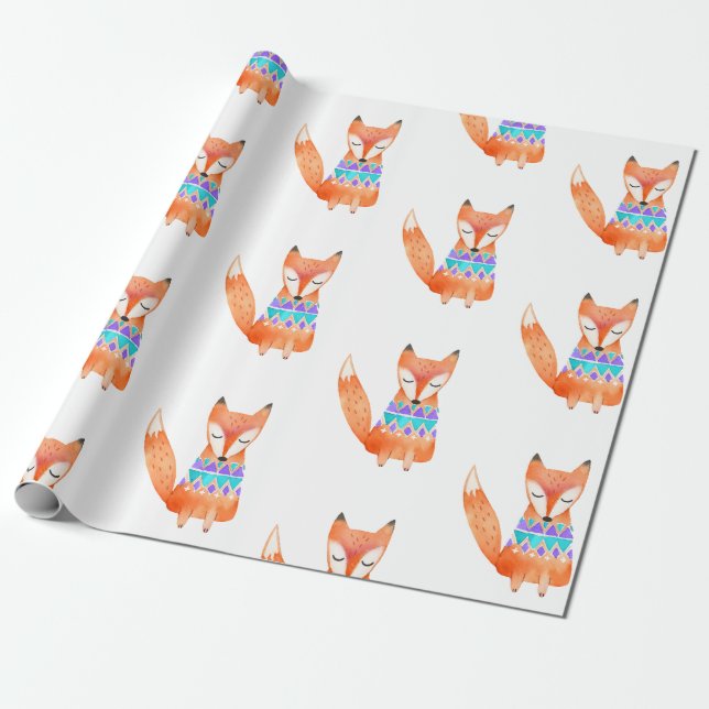 Papel De Regalo Watercolor Camping Fox Birday Party (Desenrollado)