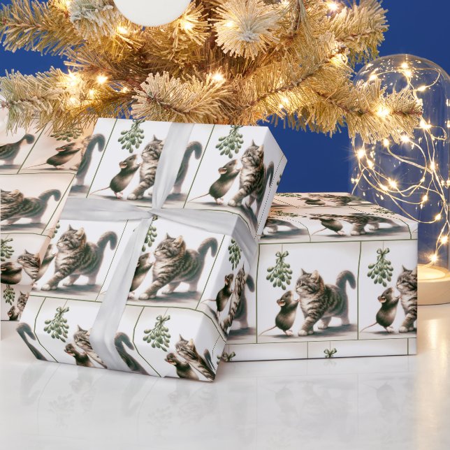 Papel De Regalo Watercolor Cat y Mouse con Mistleto (Vacaciones)