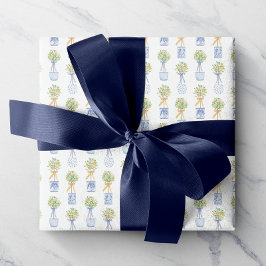 Papel De Regalo Watercolor Chinoiserie Naranja Tree Topiary