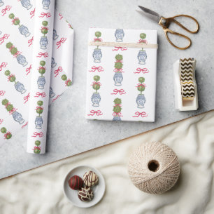 Papel De Regalo Watercolor Chinoiserie Navidades Topiary Red Bow