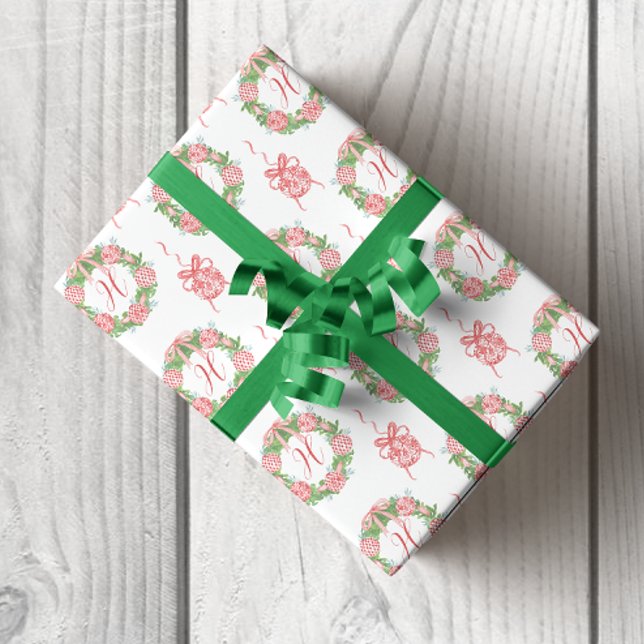 Papel De Regalo Watercolor Chinoiserie Navidades Wreath Monograma (Chinoiserie Red Ornament Christmas Wreaths Wrapping Paper)