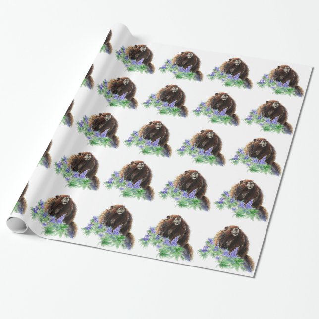 Papel De Regalo Watercolor Cute Marmot Animal Nature Art (Desenrollado)