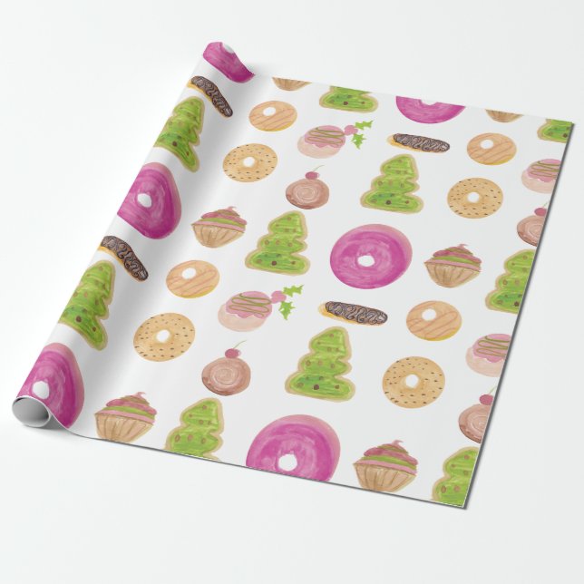 Papel De Regalo Watercolor Eclerias Donuts Divertido Dulce Whimisc (Desenrollado)