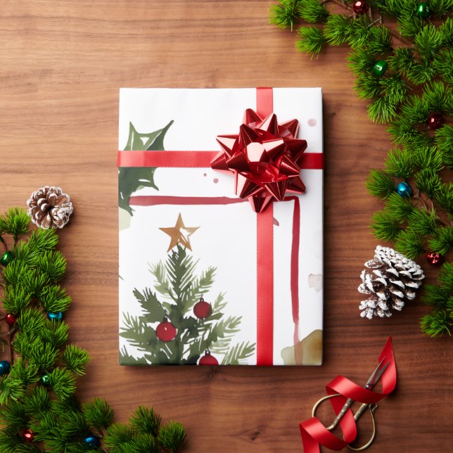 Papel De Regalo Watercolor Holly Berries Christmas Tree Holiday (Regalo de vacaciones)