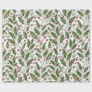 Papel De Regalo Watercolor Holly Berry and Green Leaves on White