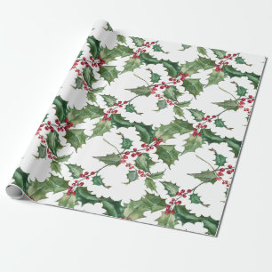 Papel De Regalo Watercolor Holly y Berries Rojas