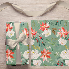 Papel De Regalo Watercolor Invierno Floral Holly Berry Patrón verd