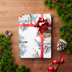 Papel De Regalo Watercolor Invierno Inglés Robin Bird Naturaleza