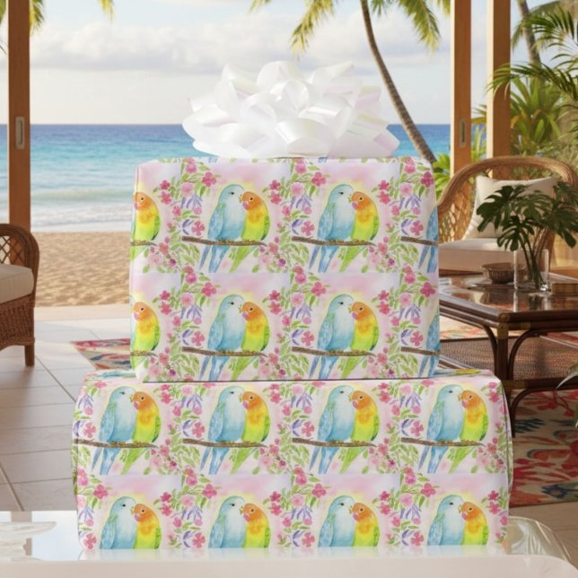 Papel De Regalo Watercolor Love Birds with Pink Flowers (Subido por el creador)