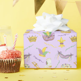 Papel De Regalo Watercolor Mardi Gras Máscaras King Cake Crown