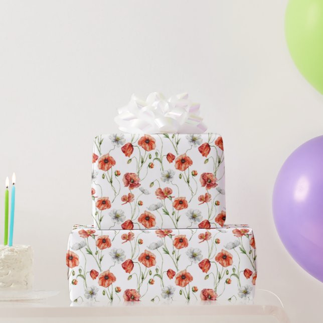Papel De Regalo Watercolor Meadow Poppies And White Wildflowers  (Regalos de fiesta)