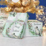 Papel De Regalo Watercolor Merry Christmas Grey Jay Bird Wreath<br><div class="desc">Acuarela Feliz Navidad Gray Jay Bird Wreath con hollín y pino</div>