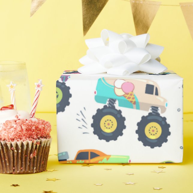 Papel De Regalo Watercolor Monster Car Trucks kids (Fiesta de cumpleaños )