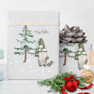 Papel De Regalo Watercolor Nieve Moderno Navidades de Gnome Verde 