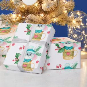 Papel De Regalo Watercolor Niños Navidades Ratón Arte Animal