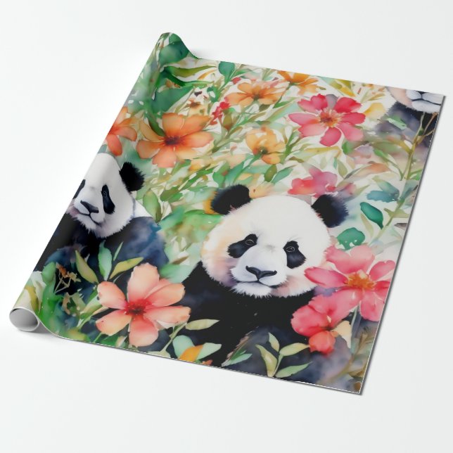 Papel De Regalo Watercolor Panda Bear (Desenrollado)
