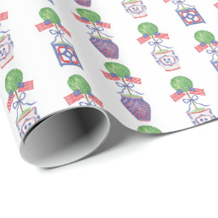 Papel De Regalo Watercolor Patriótico American Flag Topiary