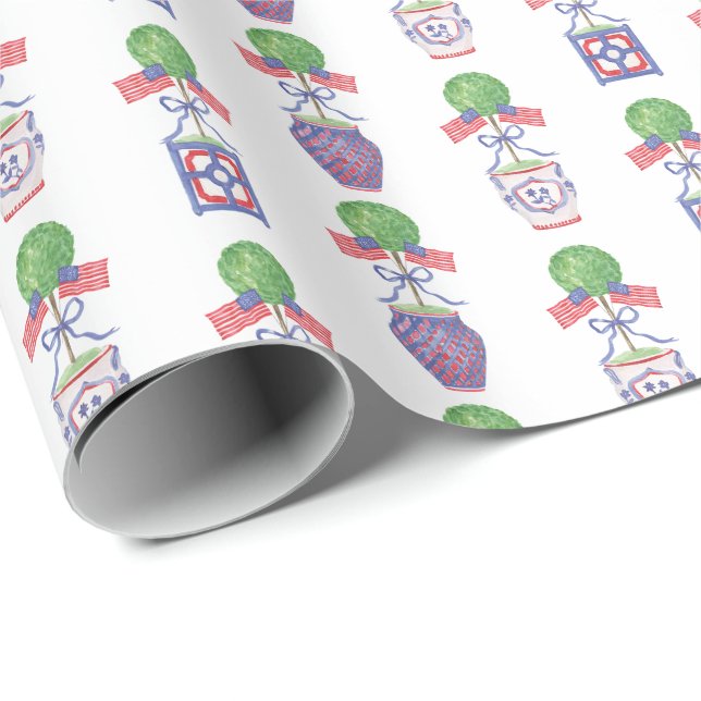 Papel De Regalo Watercolor Patriótico American Flag Topiary (Esquina del rollo)