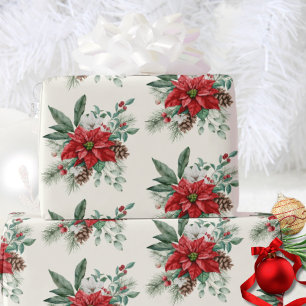 Papel De Regalo Watercolor Pines Vintage Red Poinsettia Navidades