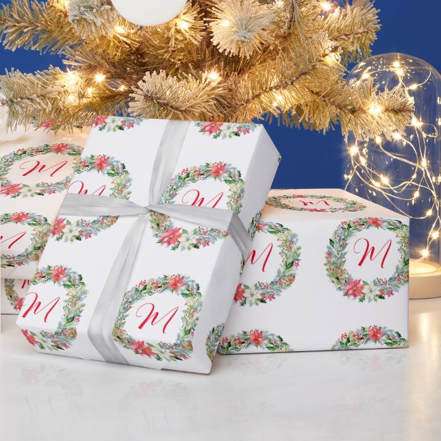 Papel De Regalo Watercolor Poinsettia Navidades Wreath Monograma (Vacaciones)